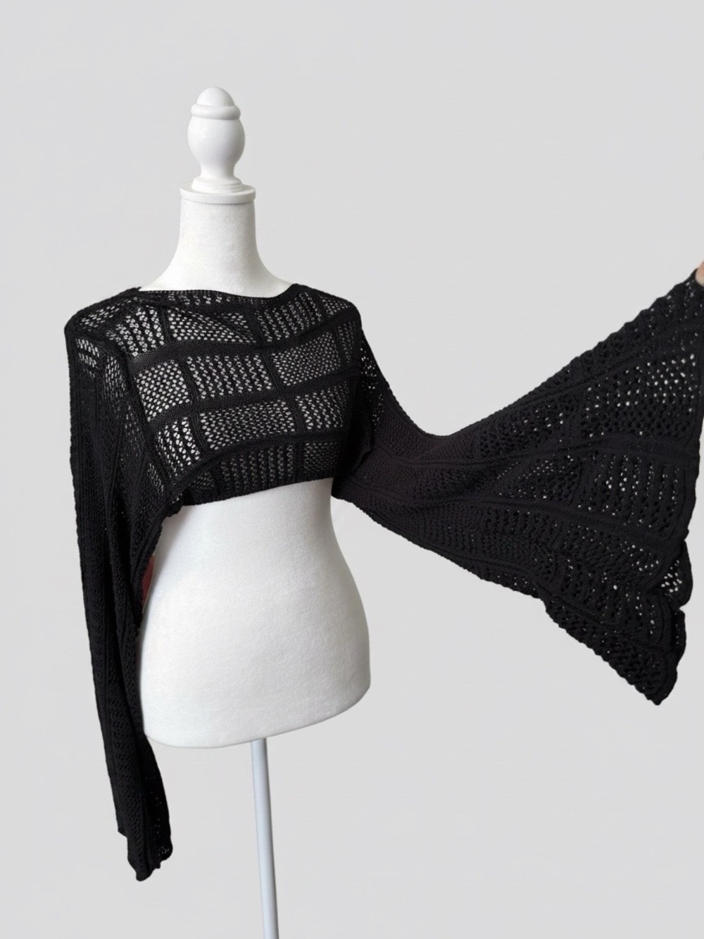 Womens Knit Crop Top Black Bell Sleeves Fairy Grunge Rave Festival Size Medium